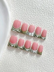 秋冬款 10片裝復古法式蛇紋手工穿戴甲 Polygel美甲套組 線條綠色與白色指甲油 手繪風格 杏仁甲 鴨嘴甲 棺材甲 適合派對、舞蹈、日常配戴（手工細節可能有所不同） - 彩色 - 查看 12