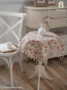 Bubaba 1pc Vintage Red Rose Floral Beige Tassel Edge Rectangular Tablecloth, Country Cottagecore Pastoral Style, Suitable For Kitchen, Dining Room, Party And Daily Home Decor - Multicolor - View 9