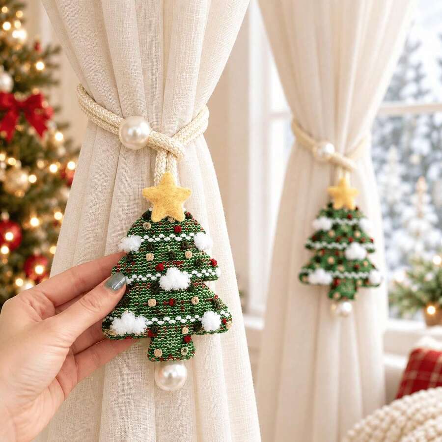1/2pcs Handmade Fabric Star-Patterned Green Christmas Tree Curtain Tie, Sheer Curtain Fixed With Rope, Winter Christmas Holiday Window Decoration, Home Decor, Suitable For Curtain Fixing, Christmas Curtain Decoration - Multicolor - View 1