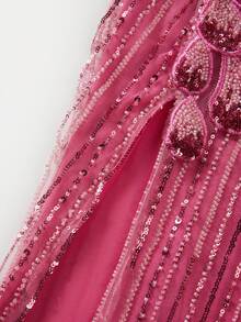New Women's One Shoulder Evening Gown With Beaded Sequins Elegant Party Dress - Hot Pink - View 6
