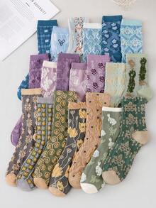 1/3/5/10 Pairs Random Women's 3D Embossed Pattern Court Style Comfortable Breathable Mid-Calf Socks - Multicolor - View 1