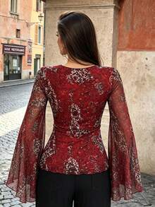 Boho Women Blouse Floral Printed Mesh Top Deep V Neck Flare Sleeve Slim Fit Tee Fall Vacation - Red - View 6