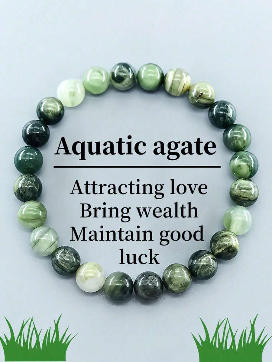 1pc Natural Green Straw Hat Stone Beads Bracelet Bohemia Style Sparrow Stone Beads Meditation Jewelry For Women Men Everyday Wear And Gifting - Green - View 1