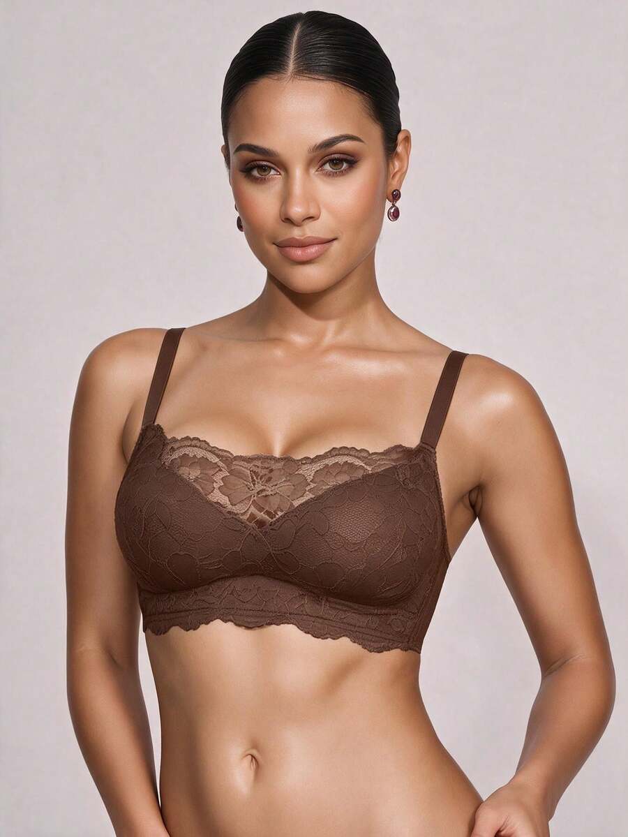 Cheekology Wireless Black Lace Bra, Supportive & Comfortable, Thin Sheer Mesh, Sexy & Alluring For Women, Confidence Boost - Coffee Brown - View 1