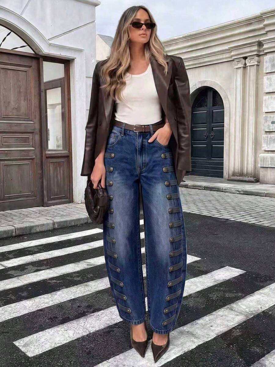 HAPPY GIRL Spring/Autumn Versatile Casual Fashion Elegant Denim Daily Vacation Women's Court Style Side Buckle Curved Leg Pants - Dark Wash - View 1