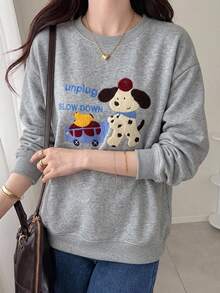 FRIFUL Weekend Women's Round Neck Cartoon Long Sleeve Sweatshirt, Girly Style Fall - Grey - View 5
