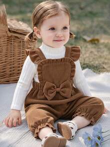 BrownBark 2pcs, Baby Girls Autumn/Winter Cute Elegant Outdoor Two Pieces Set, White Ribbed Mid-Neck Long Sleeve Top Paired With Corduroy Overalls, Cute Ruffle Bow Design, Soft Comfortable Fabric, Sweet And Stylish, Suitable For Baby Girls Daily Outfits. - White - View 11