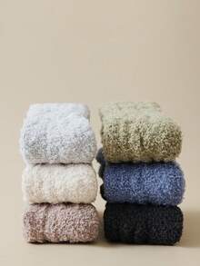 6 Pairs Men's Mid-Calf Socks, Cable Knit Coral Fleece Warm Floor Socks For Autumn/Winter, Thickened Half-Fleece Long Socks Suitable For Home Use (Random Color Shipment) - Multicolor - View 7