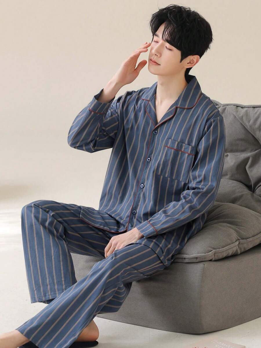 [PONX]2pcs Men's Pajama Set, Long Sleeve Top & Pants, Breathable & Moisture-Wicking, Spring/Autumn, Fall Winter Clothes - Blue - View 1