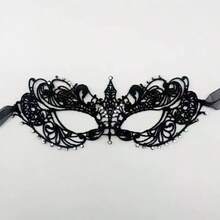 Adult Masquerade Mask, Rhinestone Satin Ribbon Style, Mysterious Fun Lace Mask, Couple Style, Men's And Women's Lace Headpiece And Costume, Christmas Mask, Halloween Mask - Black - View 13