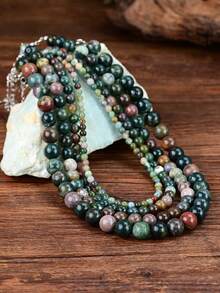 1/4pcs Boho Natural Stone Beaded Necklace, Vintage Green Agate Choker, Free Mix & Match Multi-Layer Neck Chain - Multicolor - View 3