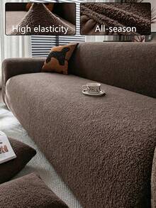 1pc Teddy Fleece Sofa Cover, Elastic Multi-Functional Full Coverage Sofa Protector, Multi-Color Geometric Pattern Design, Plush Material, Warm For Winter, Protects Sofa, Holiday Decor, High Elasticity One-Piece Sofa Cover - Brown - View 1