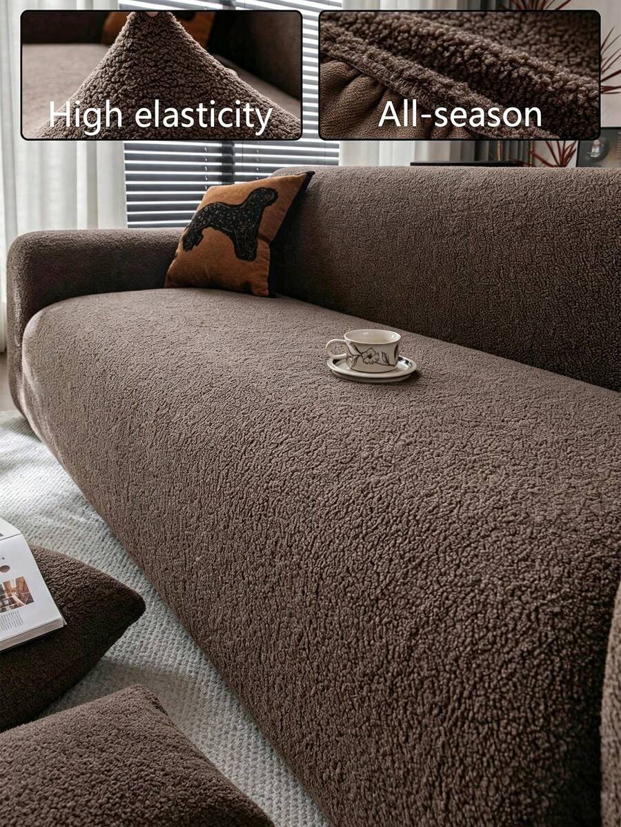 1pc Teddy Fleece Sofa Cover, Elastic Multi-Functional Full Coverage Sofa Protector, Multi-Color Geometric Pattern Design, Plush Material, Warm For Winter, Protects Sofa, Holiday Decor, High Elasticity One-Piece Sofa Cover - Brown - View 1