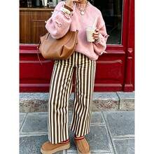 Women's Coffee Striped Colorblock Long Pants, Autumn/Winter Casual Commuter Style, Glamrae Casual Daily Travel With Pockets And Buttons, Fall Clothes For Women, Fall Clothes - Multicolor - View 3