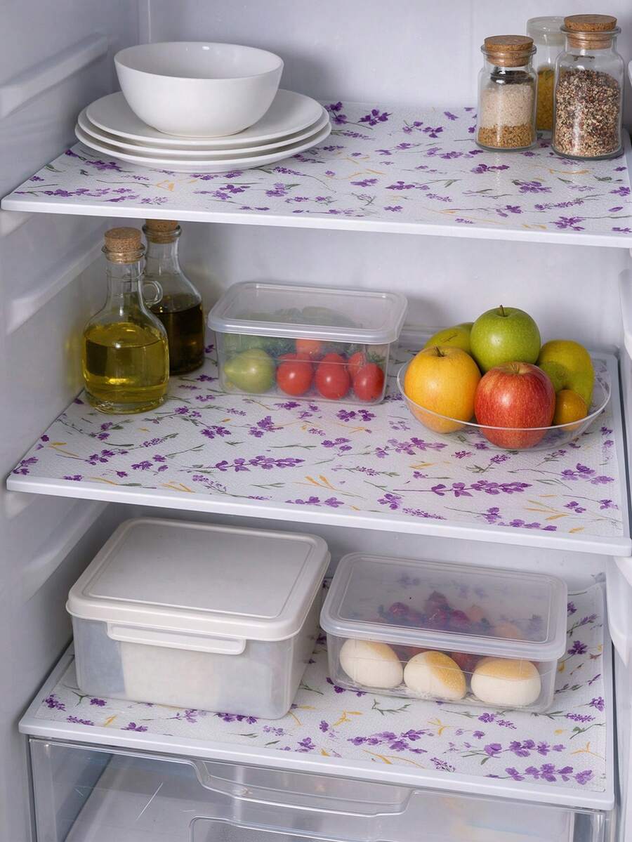 4pcs Refrigerator Mat/Cabinet Shelf Liner (Violet Pattern), Moisture-Proof, Non-Slip, Washable, EVA Material, Suitable For Refrigerator And Kitchen Decoration, Refrigerator Liner, Drawer Mat, Shoe Cabinet Mat, Cabinet Mat, Fruit And Vegetable Fresh-Keeping Mat, Kitchen Accessories/Kitchen Supplies/Home Decor - Lavender Pattern - View 1