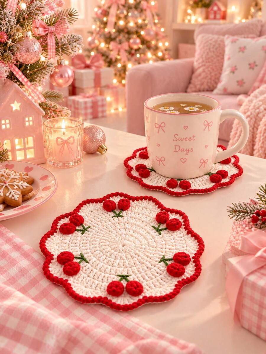1Pc Handmade Crochet 3D Cherry Coaster With Scalloped Edge, Heat Resistant Non-Slip Reusable Drink Mat, Cute Fruit Coffee Tea Mug Pad, Aesthetic Fall Home Kitchen Dining Table Decor, Holiday Gift For Christmas Thanksgiving & Daily Use. Room Decor