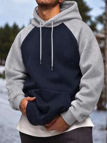 Men's Loose Drop Shoulder Colorblock Patchwork Hoodie Sweatshirt, Autumn/Winter - Navy Blue - View 2
