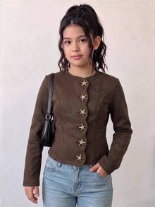 Girls' Urban Fashion Suede Jacket With Scalloped Edge, Open Front And Metal Button Decor, Back To School Campus Outfit, Autumn/Winter Casual Daily Wear - Brown - View 1