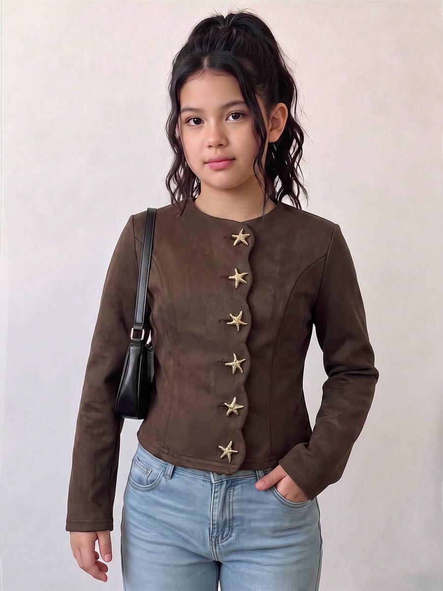 Girls' Urban Fashion Suede Jacket With Scalloped Edge, Open Front And Metal Button Decor, Back To School Campus Outfit, Autumn/Winter Casual Daily Wear - Brown - View 1