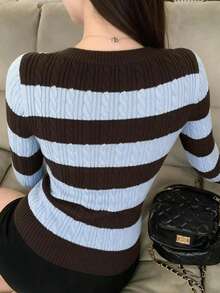 DAZY Women's Brown & Blue Thick Striped V-Neck Cable Knit Slim Fit Long Sleeve Casual Versatile Sweater Y2k - Blue - View 7
