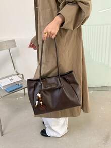 Women's Shoulder Tote Bag, Fashionable Elegant Minimalist Beaded Charm, Large Capacity Business Coffee Color Bag - Coffee - View 7