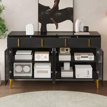 Sideboard i Trä med 4 Dörrar och 4 Lådor med Förvaring Justerbar Svart 140 * 38 * 82 cm for Matsal och Vardagsrum - Svart - Visa 8