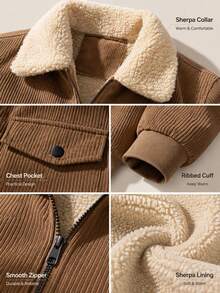 Men's Autumn/Winter Corduroy Jacket, Full Fleece Lining + Fleece Collar, Zipper Solid Color Loose Casual Outerwear, With Inner Pockets - Camel - View 6
