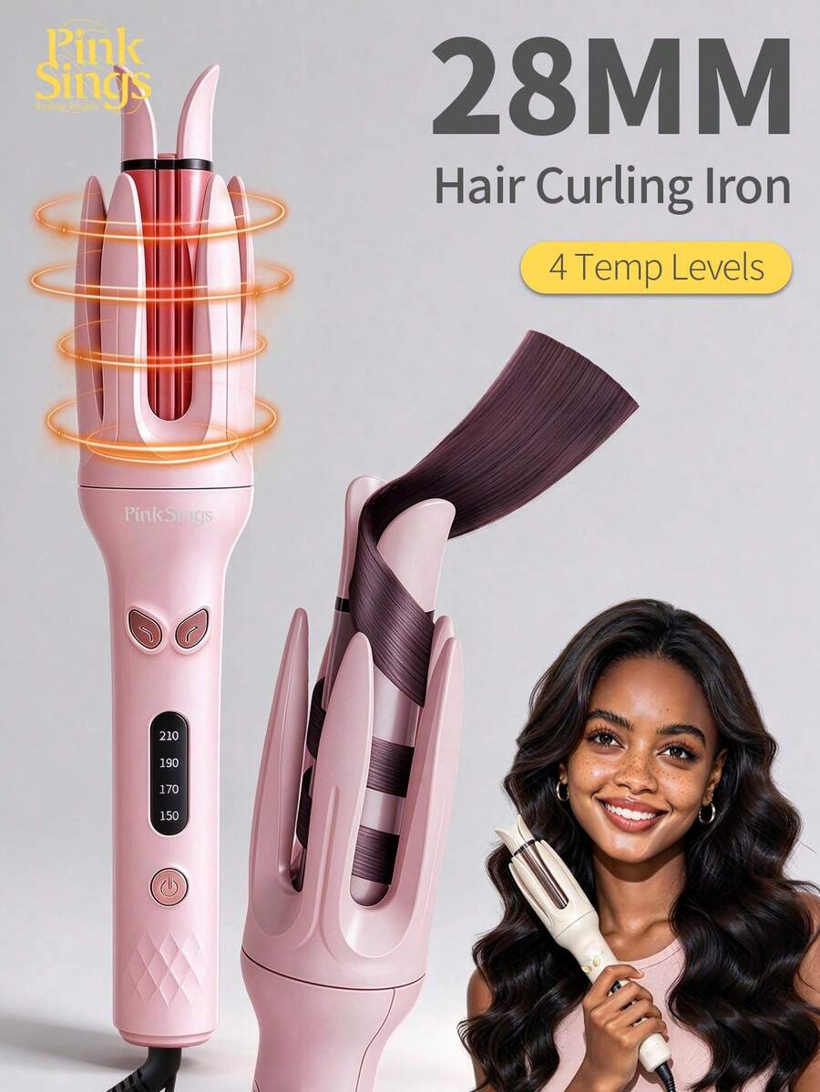 PinkSings 1-Click Auto Curling Iron, 28mm Barrel, Bi-Directional Auto Curling, 4 Temperature Modes, Negative Ion Generator, Smart Timer And Sensor, Auto Shut-Off, Best Christmas Gift