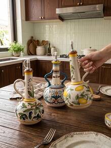 Cirelle Olive Oil Bottle, Underglaze Relief Ceramic Oil & Vinegar Cruet, Kitchen Accessories Storage Dispenser Container, Seasoning Oil Bottle - Multicolor - View 2