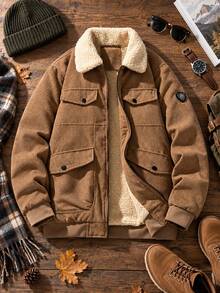 Men's Autumn/Winter Corduroy Jacket, Full Fleece Lining + Fleece Collar, Zipper Solid Color Loose Casual Outerwear, With Inner Pockets - Camel - View 1