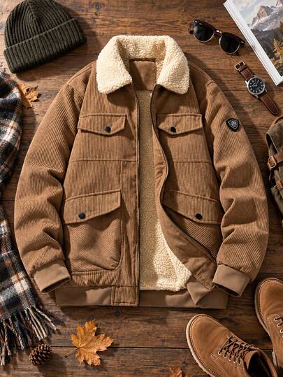 Men's Autumn/Winter Corduroy Jacket, Full Fleece Lining + Fleece Collar, Zipper Solid Color Loose Casual Outerwear, With Inner Pockets