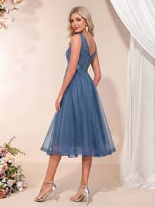 XUCTHHC Elegant V-Neck Sleeveless Sequin Embroidered Mesh A-Line Bridesmaid Dress, Suitable For Formal Ball, Evening Gown, Party, Wedding Guest, Holiday, Autumn/Winter - Dusty Blue - View 2