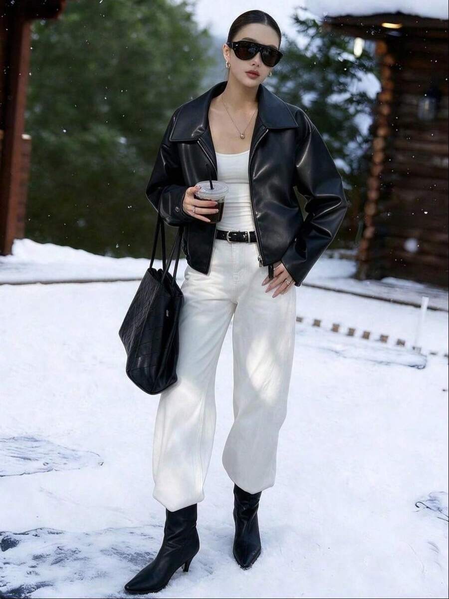 女款黑色皮革夾克，翻領拉鍊飛行員PU夾克，極簡通勤風，適合滑雪度假，秋冬穿搭
