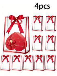 1/2/4pcs Red Frame Transparent Plastic Gift Bags, With Perforated Handle, Reusable PP Gift Bags, With Ribbon, Suitable For Graduation, Wedding, Bridal, Birthday, Baby Shower, Small Business - Multicolor - View 10