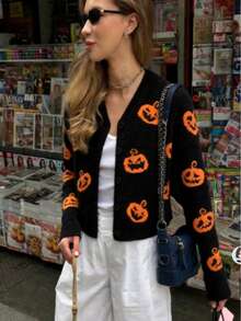 Plus Size Women's Halloween Pumpkin Jacquard Pattern Autumn Long Sleeve Loose Cardigan Sweater - Black - View 3