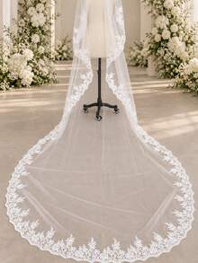 1件 350cm (137.8in) 大教堂式新娘婚紗面紗，花卉蕾絲邊長款柔軟薄紗面紗，拖地式新娘儀式婚禮髮飾 - 彩色 - 查看 8