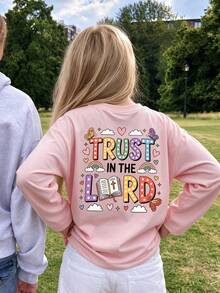青少年女孩 Trust In The Lord 背面圖案長袖 T-shirt，可愛彩虹聖經蝴蝶印花休閒上衣，適合秋冬 - 粉色 - 查看 11