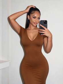 RNU Coffee Brown Solid Color V-Neck Short Sleeve Knit Dress, Soft Elastic Ribbed Fabric - Brown - View 8