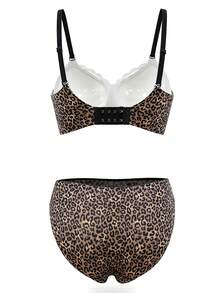 Women's Brown Leopard Print Wireless Bra And Panty Set, Classic Animal Print Vintage Fashion Style, Adjustable Spaghetti Strap, Hollow Details, Removable Pads, Soft Lingerie Set - Brown - View 11