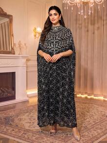 Dubai Kaftan Dress For Women 2026 Luxury Rhinestone Geometric Pattern Loose Batwing Sleeve Arabic Evening Gown Formal Party Wedding Guest Dress - black silver - View 3
