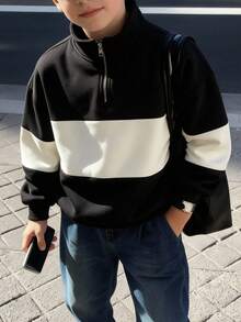 Tween Boys Colorblock Half-Zip Stand Collar Sweatshirt, Casual Long Sleeve Pullover, Autumn/Winter Kids' Sports Top - Black - View 9