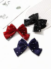 1pc Women's Solid Color Mesh Star Moon Sequin 3-Layer Bow Spring Hair Clip, Versatile Hair Accessory For Daily/Date/Commute - Multicolor - View 6