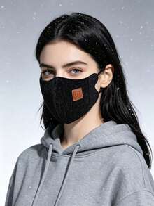 3pcs/1pc Fashionable Blurred Face Mask With Adjustable Ear Loops, Vintage Leather Badge Decoration, Warm And Soft Texture, Suitable For Daily Wear, Unisex Fashion Mask, Outdoor Street Style Decorative Accessory - Teddy Fleece - View 7