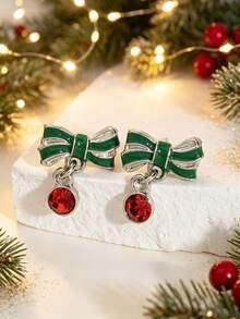 1 Pair Fashionable High-End Elegant Exquisite Cute Bowknot Oil Drop Christmas Earrings Suitable For Christmas Party Wear Friend Gift - Red Green - View 5