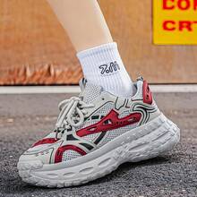 Men's Height-Increasing Wear-Resistant Patchwork Line Round Toe Low-Top Lace-Up Thick Sole Chunky Sneakers White Red Mesh Running Shoes - Grey - View 6