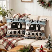 2pcs Happy Camping Camper Trailer Print Throw Pillow Cover, Rustic Striped Buffalo Plaid Edge Decorative Cushion Case For Sofa Bedroom Room Decor - Blue-black - View 1