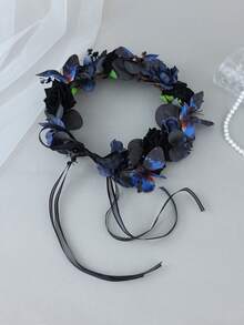 1pc Black Rose & Blue Butterfly Flower Crown Headband Ribbon Tie Gothic Fairy Party Photo Props Hair Accessories - Blue-black - View 6