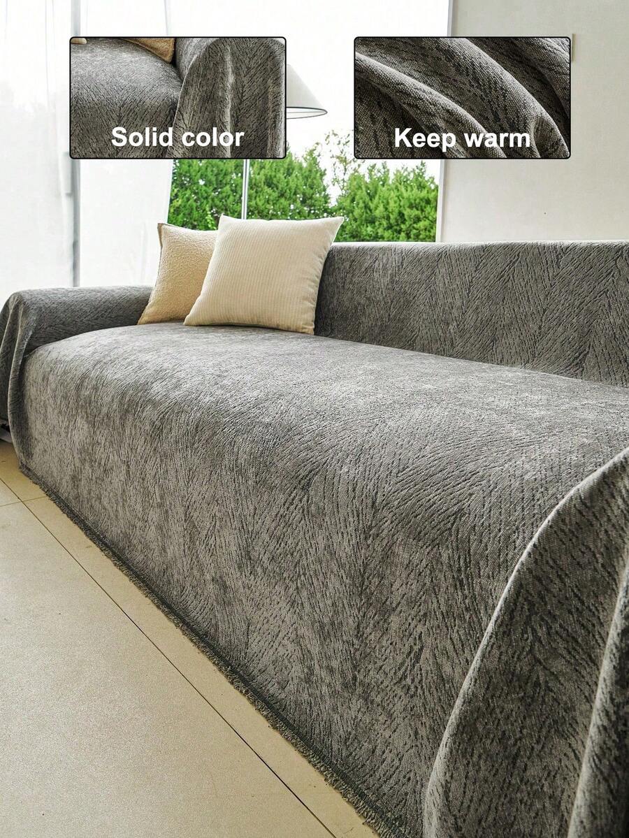 1pc Solid Color Chenille Tassel Integrated Sofa Cover, Pet-Friendly Stain-Resistant Durable, Machine Washable Non-Fading, Versatile Comfortable Chenille Sofa Throw Blanket