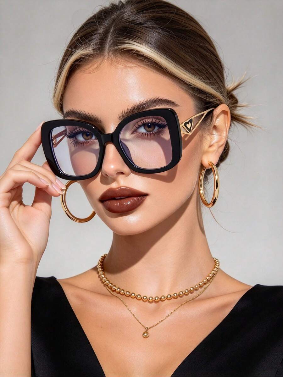 1 Pair Large Square Black Transparent Metal Frame Glasses, Suitable For Daily, Commuting, Beach Leisure And Other Occasions, Retro Y2K Style, Business Casual Gift - White Tablets - View 1