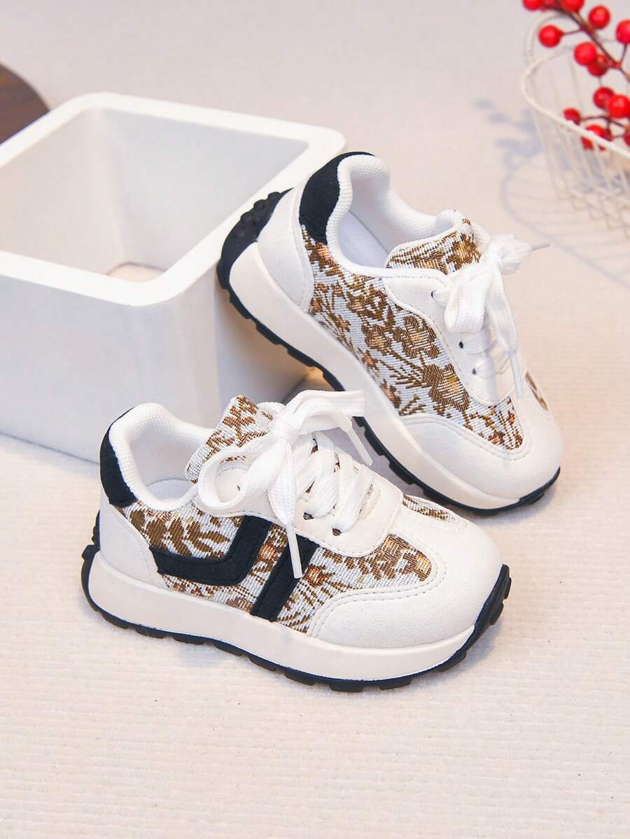 Kids' Retro New Style Shoes, Woven Pattern Colorblock Sneakers, Soft Sole Anti-Slip Casual Chunky Sneakers For Boys And Girls - Beige - View 1